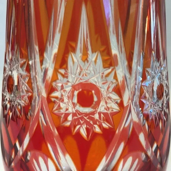 Vintage Mid Century Cut Crystal Vase Bohemian Orange & Red Art Glass - Picture 3 of 4